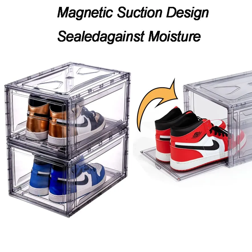 12 Pack Acrylic Clear Shoe Boxes– Ultra Clear Plastic Stackable Sneaker Storage For Sneakerhead. Professional Grade Shoe Display Case with Magnetic Door .Boots and Hat Organizer.Fits US Size 15