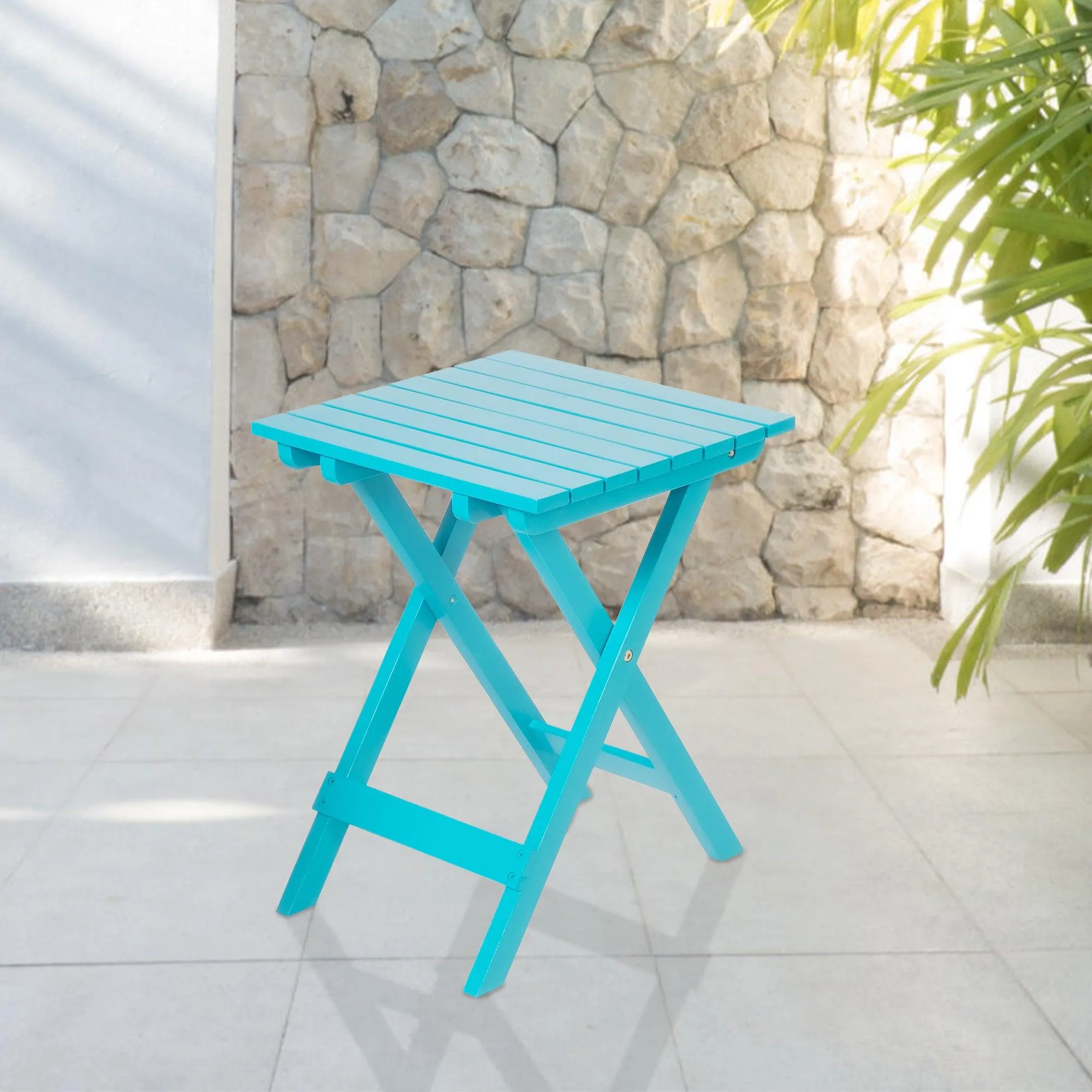 13.7" Square Outdoor Patio Folding Side Table Wood Portable End Table, Blue