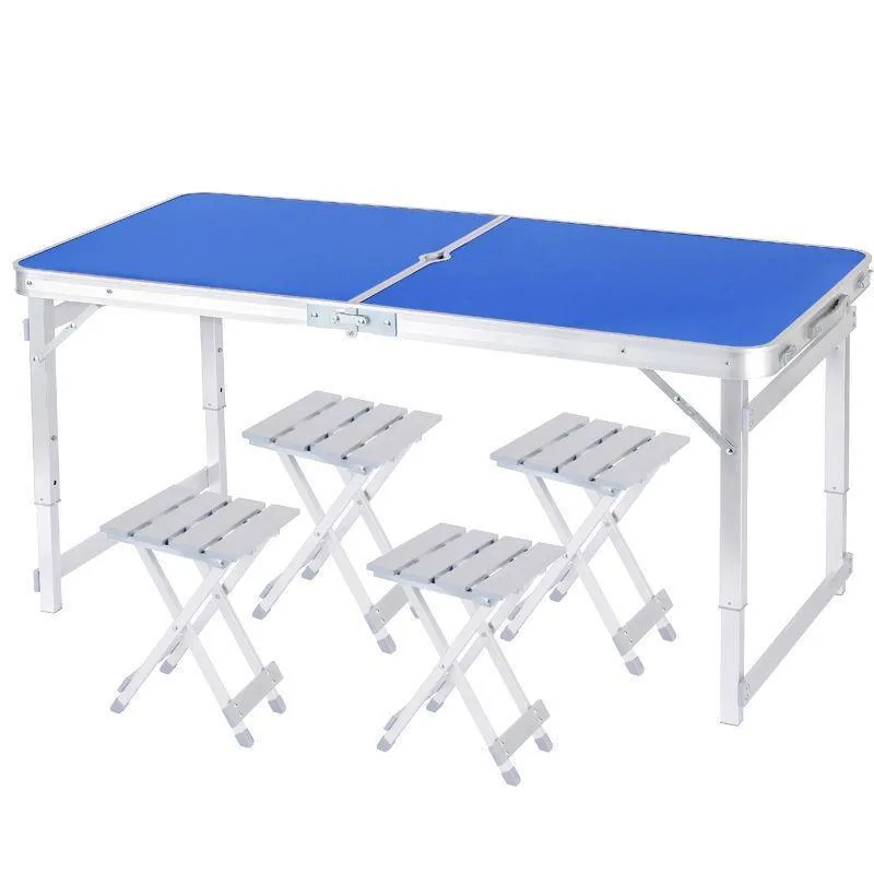 1.5m Square Tube Folding Table (Including Umbrella Hole)   4 Stool Aluminum Alloy Portable Outdoor Folding Table And Chair Set for Courtyard Barbecue