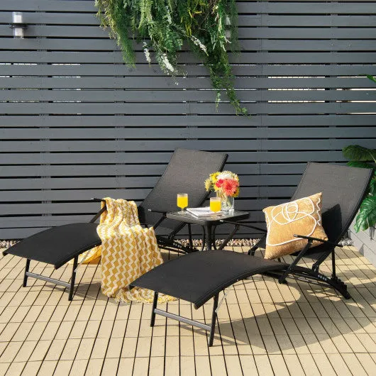 2 Pieces Patio Folding Stackable Lounge Chair Chaise with Armrest-Black