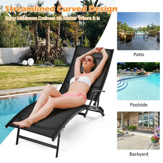 2 Pieces Patio Folding Stackable Lounge Chair Chaise with Armrest-Black