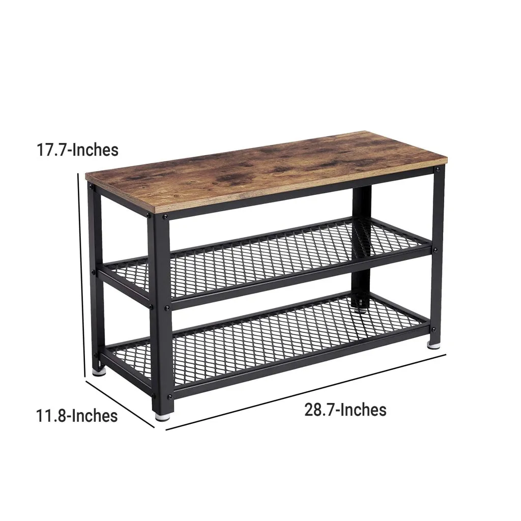 29 Inch Industrial Metal Frame Shoe Rack, Wood Top Shelf, 2 Mesh Shelves, Black, Rustic Brown By Casagear Home