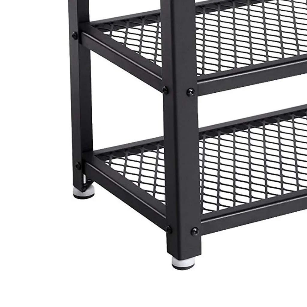 29 Inch Industrial Metal Frame Shoe Rack, Wood Top Shelf, 2 Mesh Shelves, Black, Rustic Brown By Casagear Home