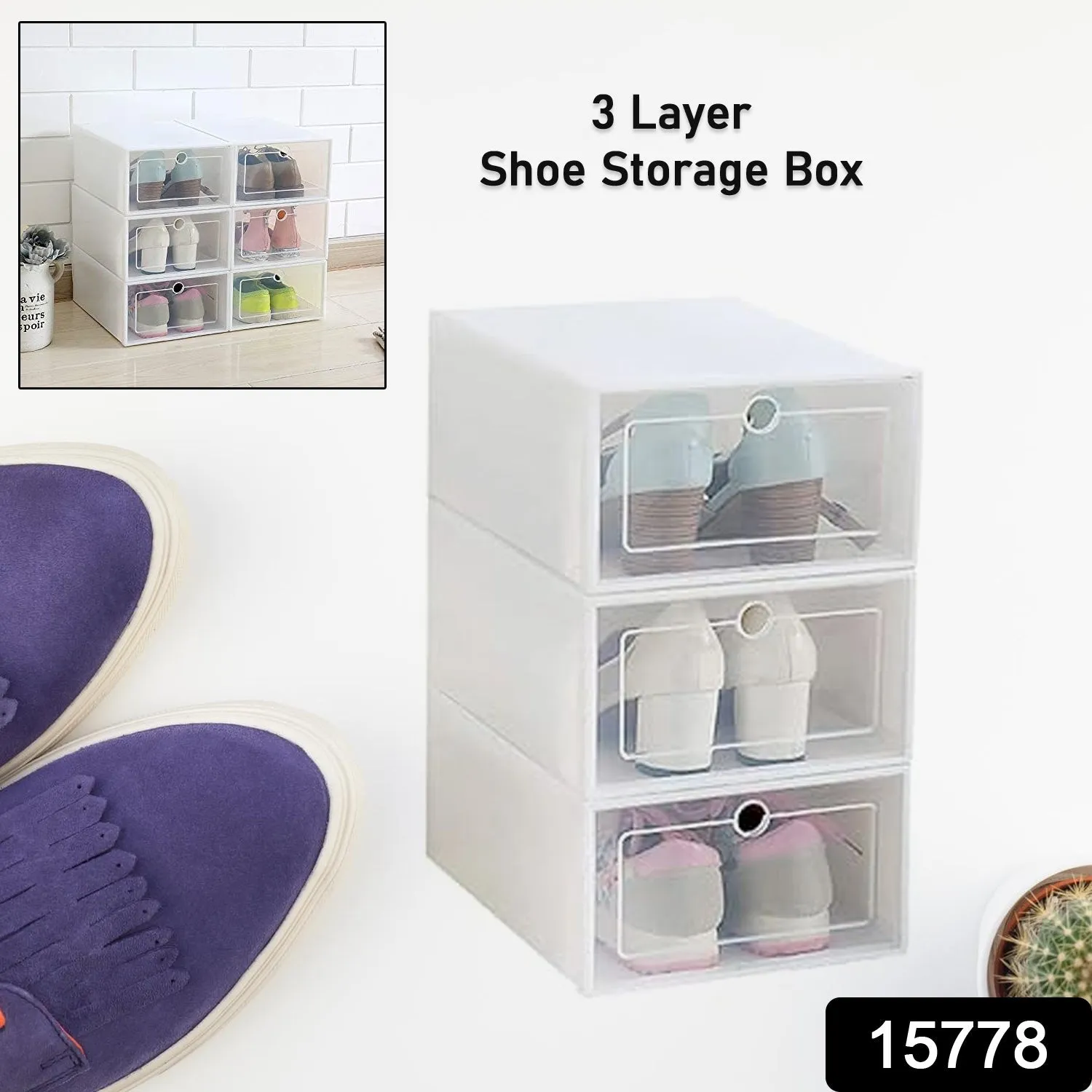 3 Layer Transparent Shoes Storage Box Plastic Stackable Shoe Storage (1 Set / 3 Layer)