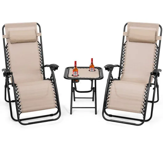 3 Pieces Folding Portable Zero Gravity Reclining Lounge Chairs Table Set-Beige