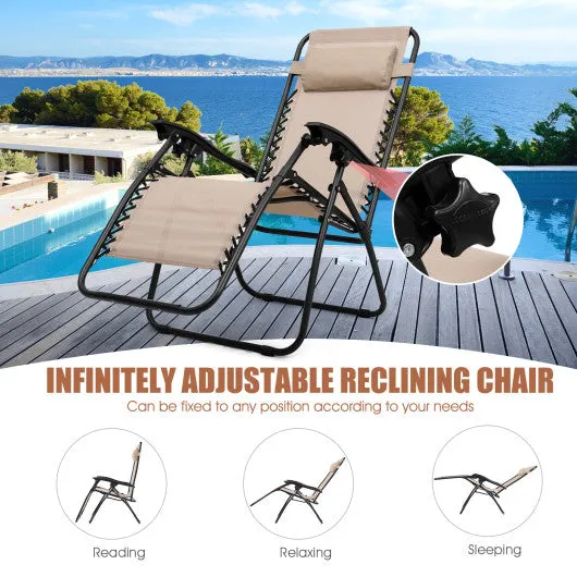 3 Pieces Folding Portable Zero Gravity Reclining Lounge Chairs Table Set-Beige