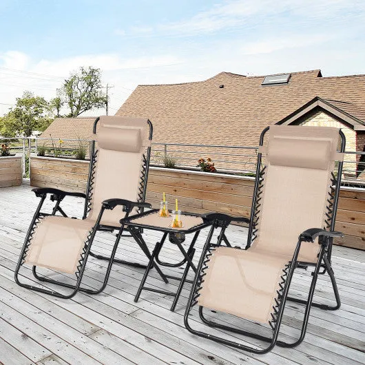 3 Pieces Folding Portable Zero Gravity Reclining Lounge Chairs Table Set-Beige