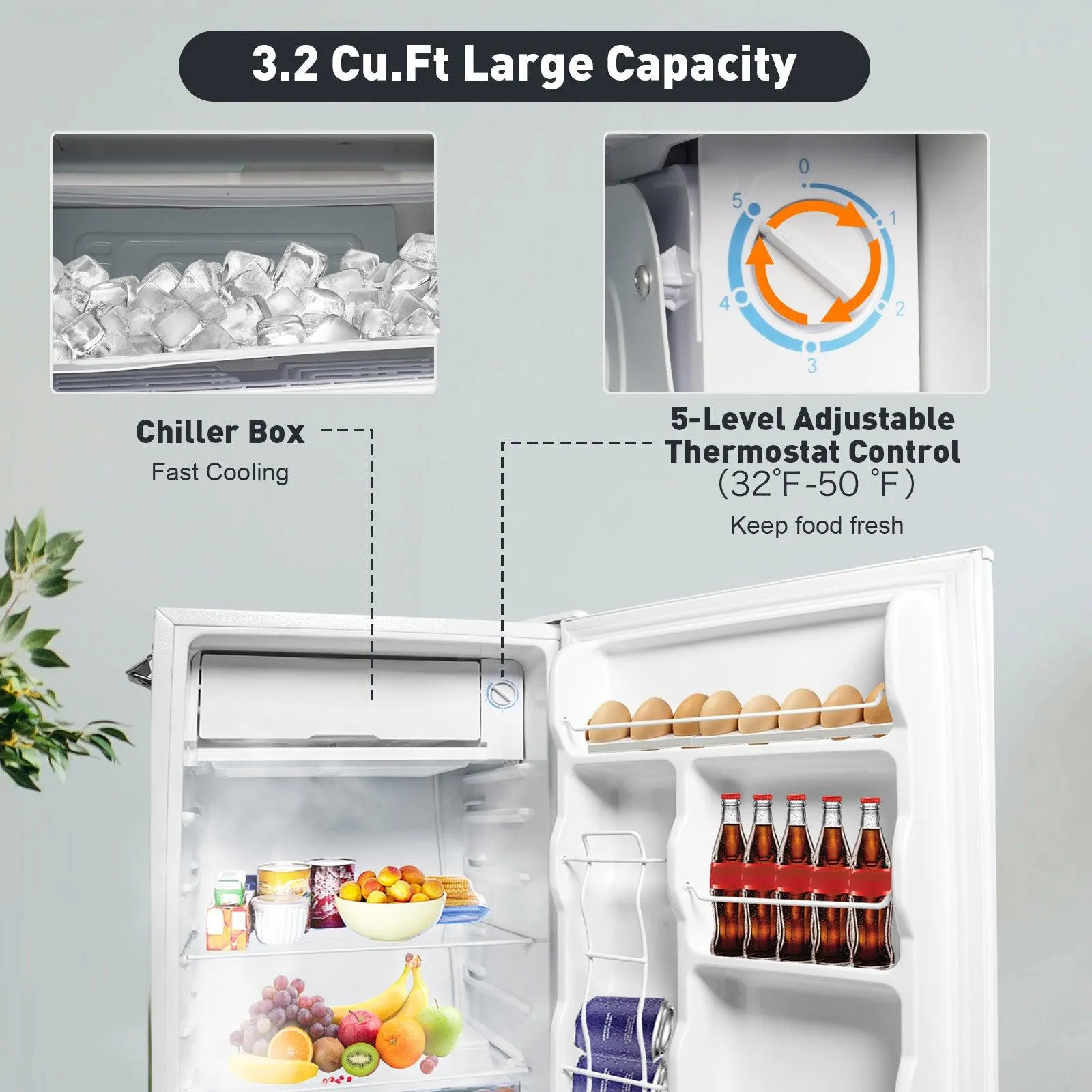 3.2 Cu.ft. Small Fridge with Freezer Compact Refrigerator with Adjustable Legs, White