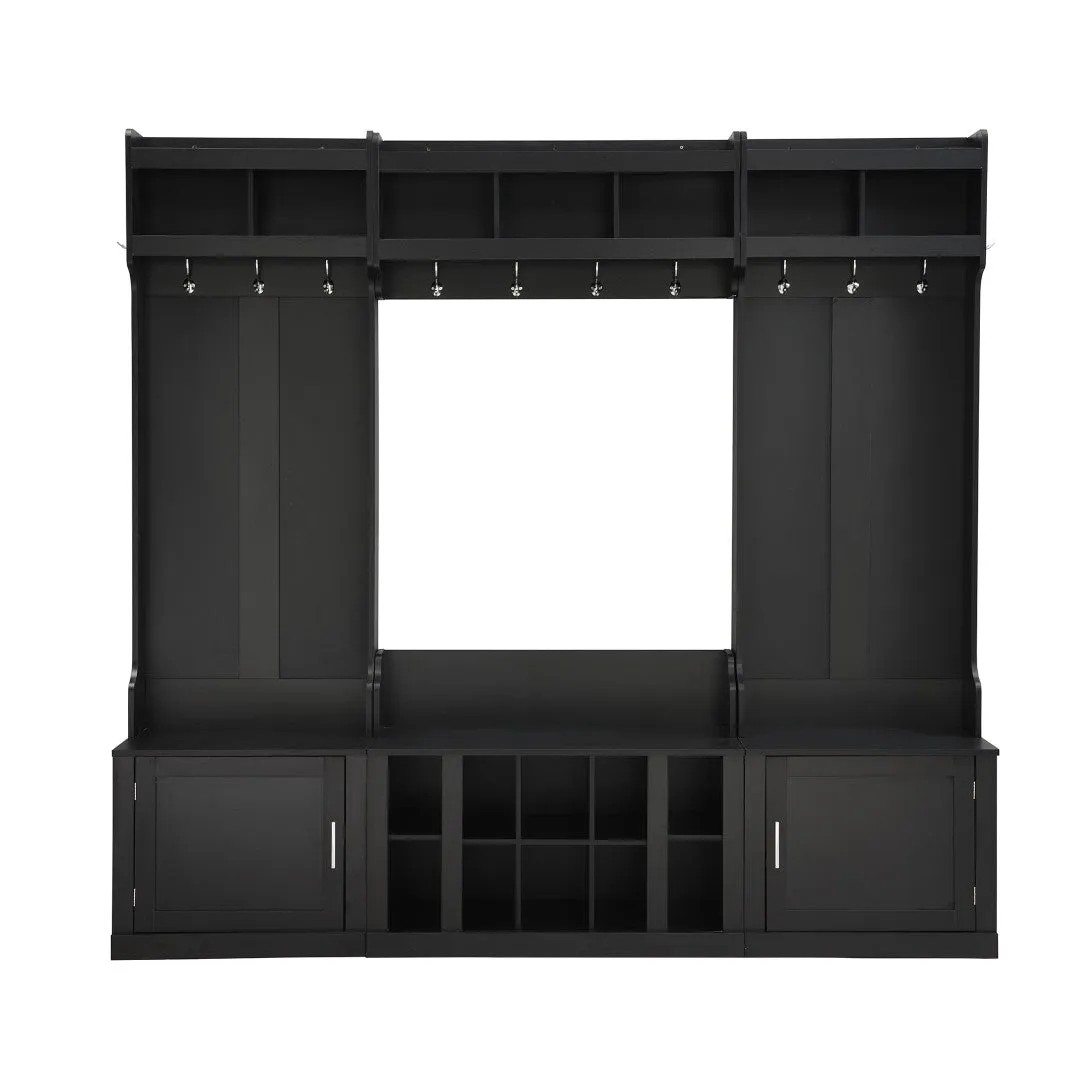 4-in-1 Black Hall Tree: Clothes Hangers, Bench, Shoe Racks, Shelves Organizer