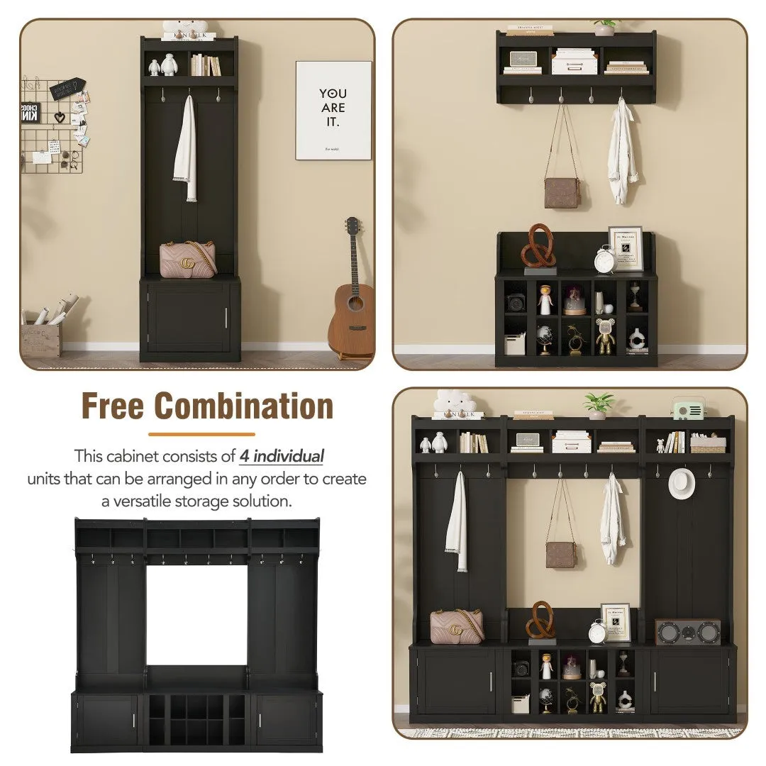 4-in-1 Black Hall Tree: Clothes Hangers, Bench, Shoe Racks, Shelves Organizer