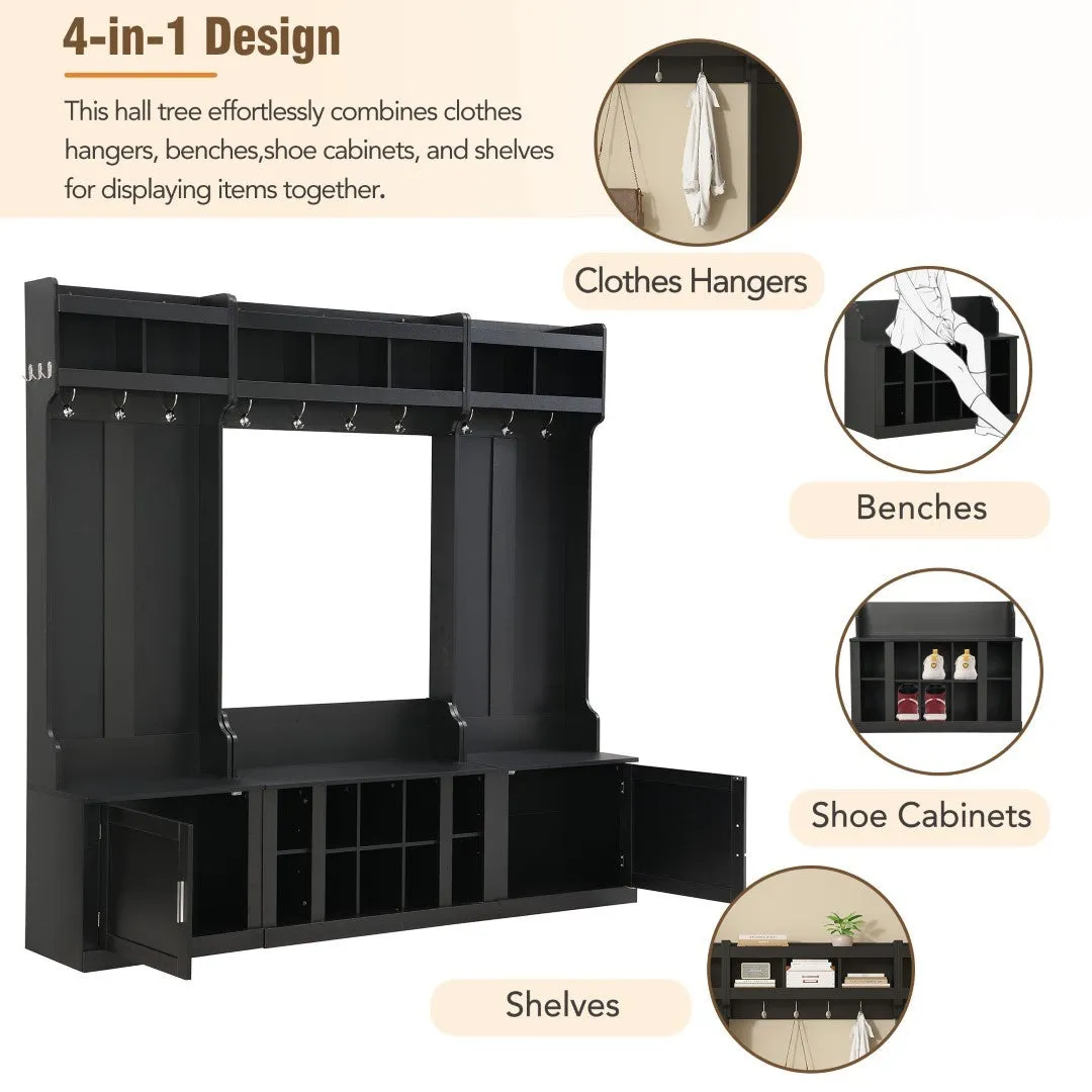 4-in-1 Black Hall Tree: Clothes Hangers, Bench, Shoe Racks, Shelves Organizer