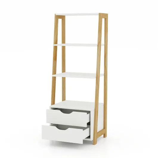 4-Tier Ladder Bookshelf Storage Display with 2 Drawers-White