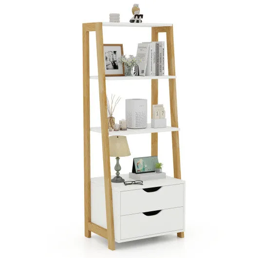 4-Tier Ladder Bookshelf Storage Display with 2 Drawers-White