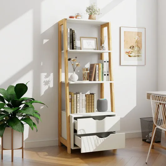 4-Tier Ladder Bookshelf Storage Display with 2 Drawers-White