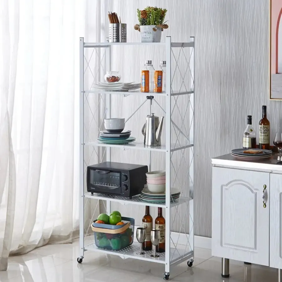 5 Tier Steel White Foldable Shelves with Wheels (Style 1)