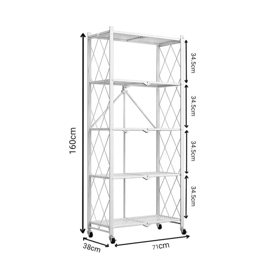 5 Tier Steel White Foldable Shelves with Wheels (Style 1)