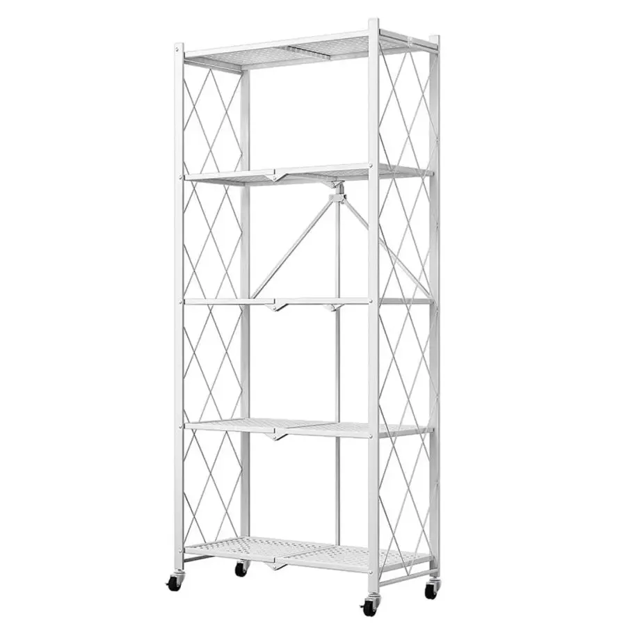 5 Tier Steel White Foldable Shelves with Wheels (Style 1)