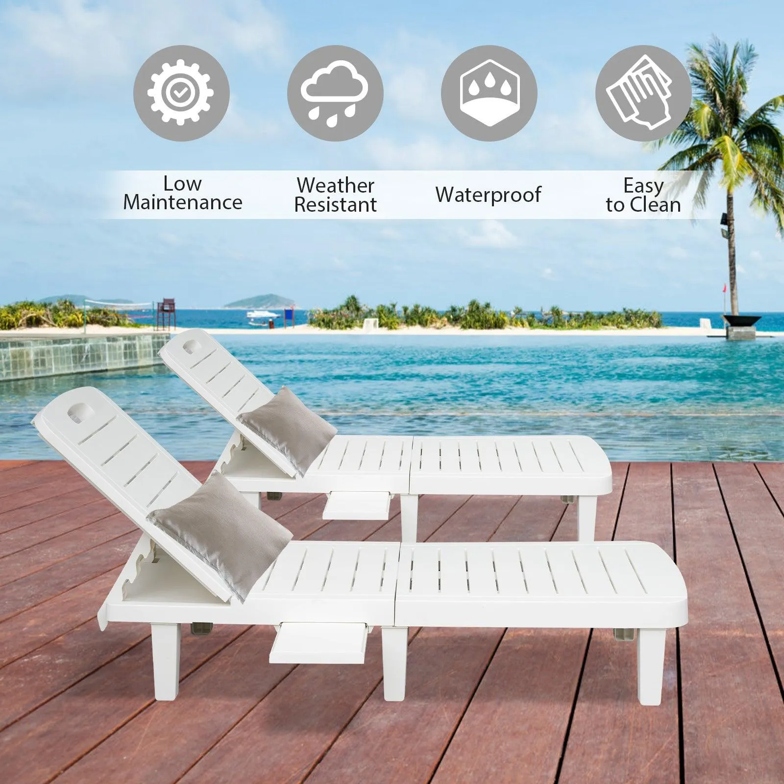 74.4" Outdoor Chaise Lounge Patio Pool Lounge Chairs with 4 Level Adjustable Backrest, White