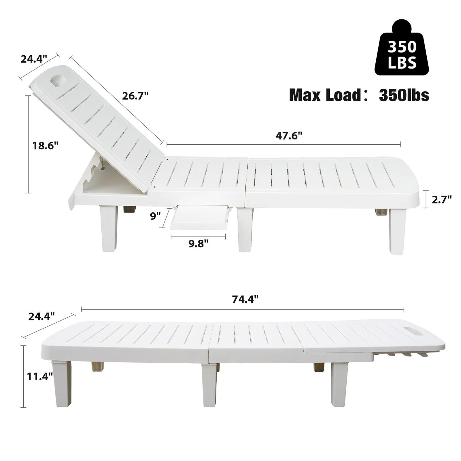 74.4" Outdoor Chaise Lounge Patio Pool Lounge Chairs with 4 Level Adjustable Backrest, White