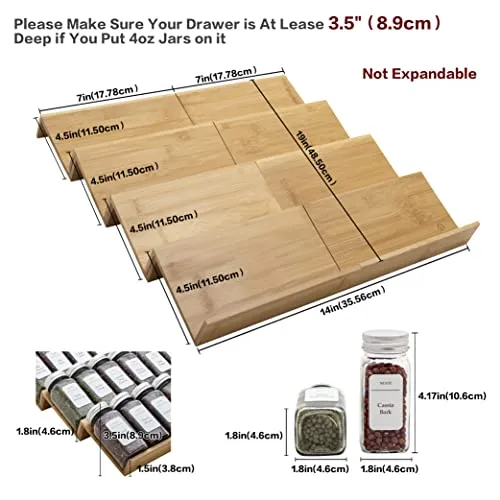 Angimio Bamboo Spice Rack Drawer Organizer - 8 Pieces Set- 7" Wide Per Piece - Combine Pieces Into 14" Wide Rack (7" or 14")