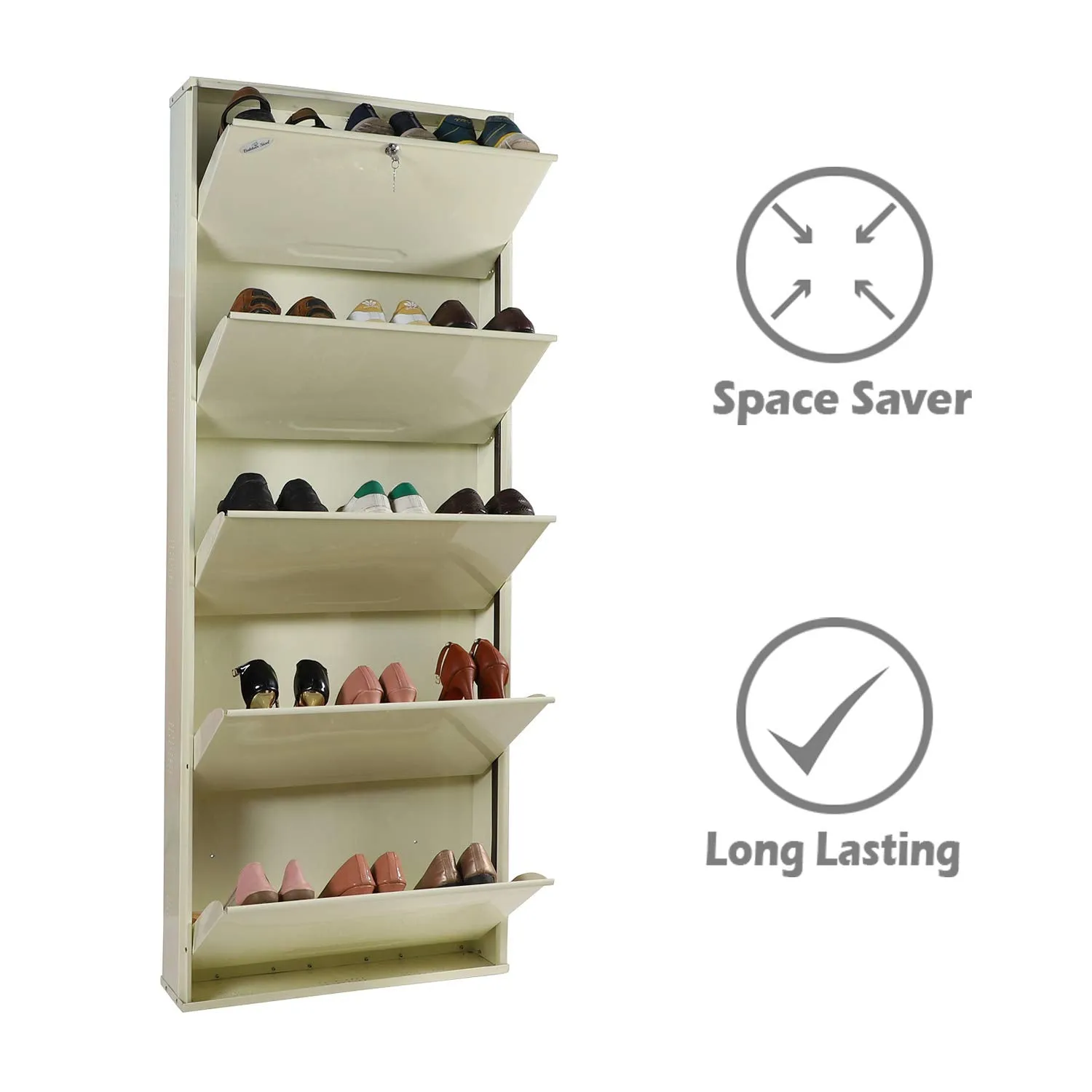 Babbar Steel 26 Inches Wide 5 Door Powder Coated Wall Mounted Metallic Shoe Rack (Ivory,5 Shelves)