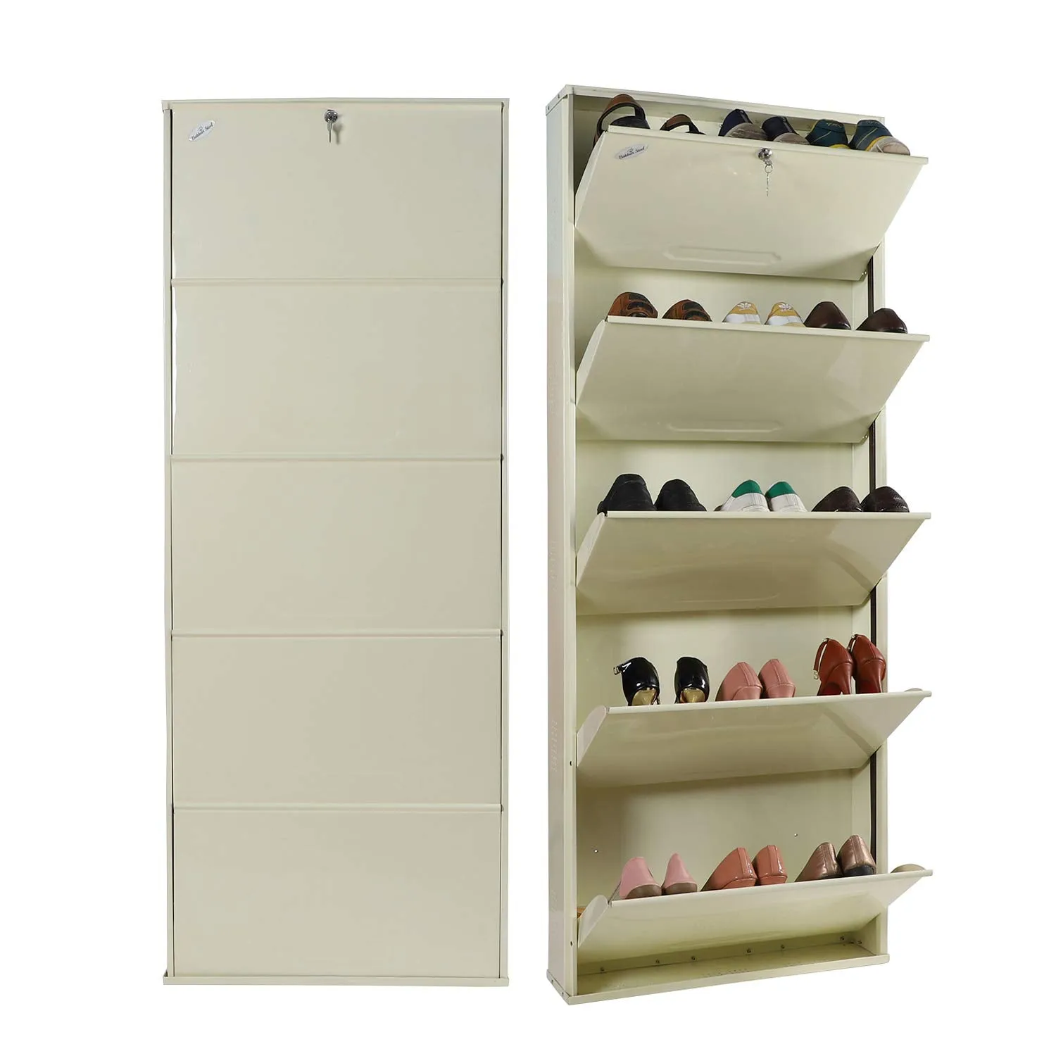 Babbar Steel 26 Inches Wide 5 Door Powder Coated Wall Mounted Metallic Shoe Rack (Ivory,5 Shelves)