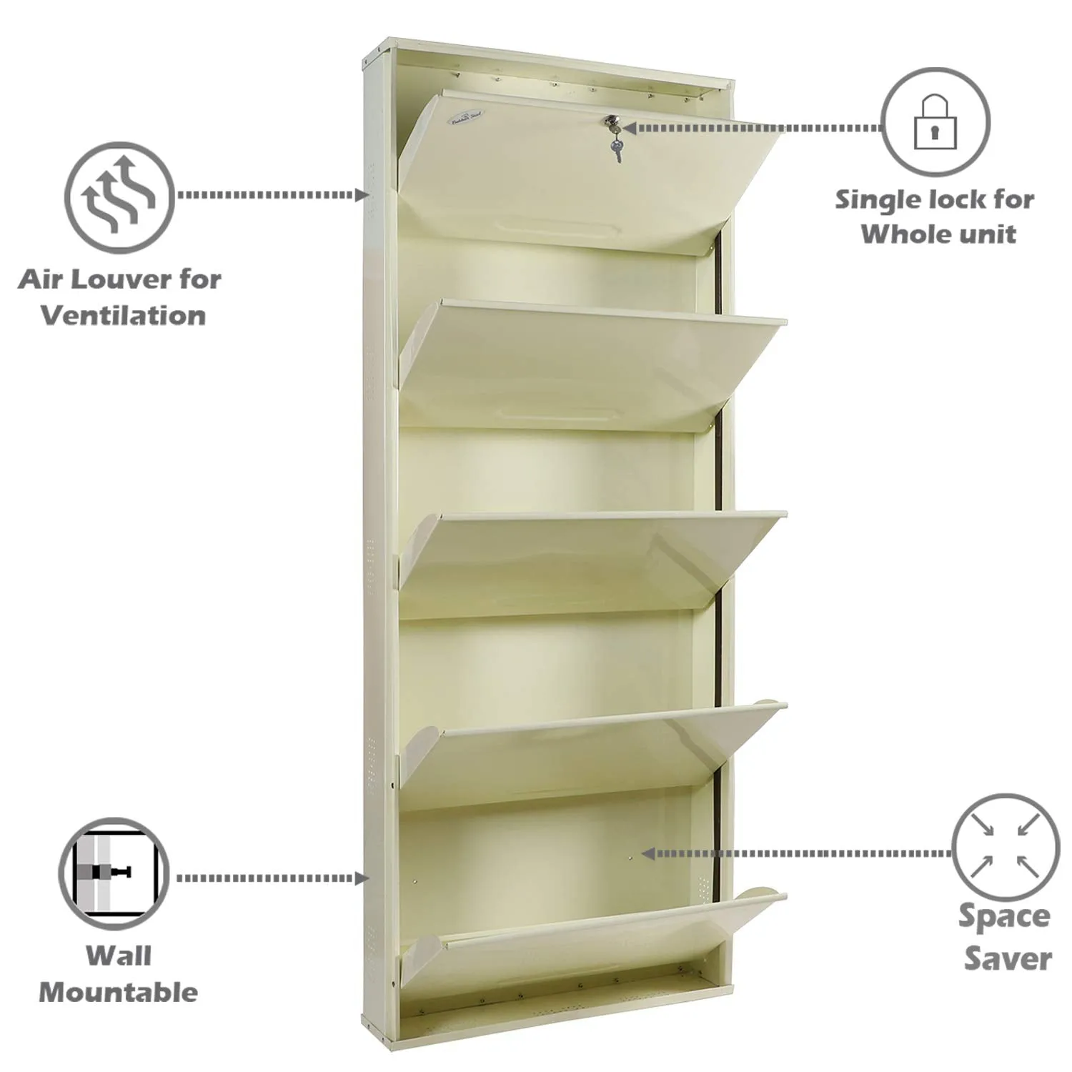 Babbar Steel 26 Inches Wide 5 Door Powder Coated Wall Mounted Metallic Shoe Rack (Ivory,5 Shelves)