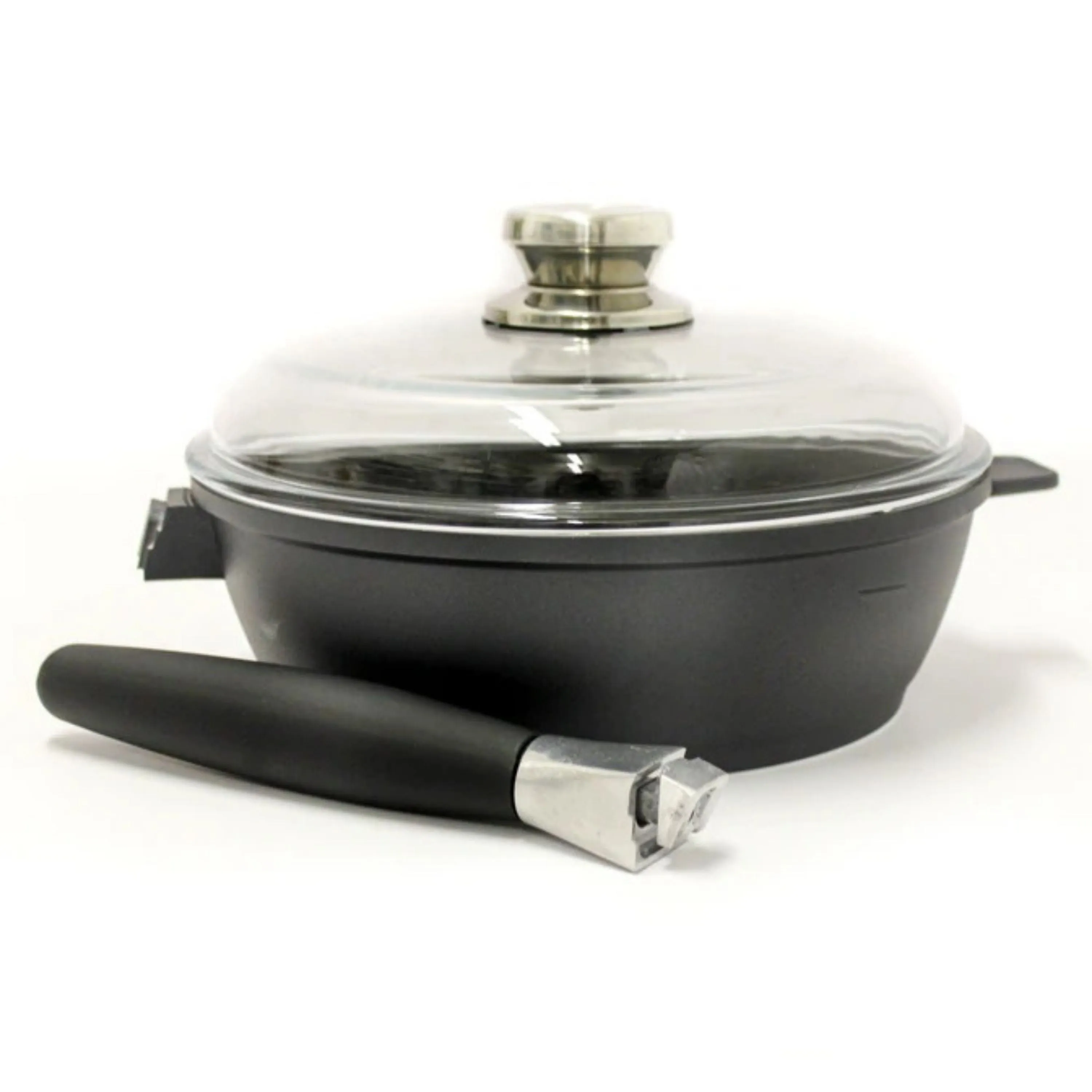 BergHOFF Scala Non-stick Cast Aluminum 9.5" Sautepan 3Qt., Glass Lid, Detachable Handle, Black