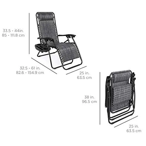 Best Choice Products Set of 2 Adjustable Steel Mesh Zero Gravity Lounge Chair Recliners w/Pillows and Cup Holder Trays, Gray