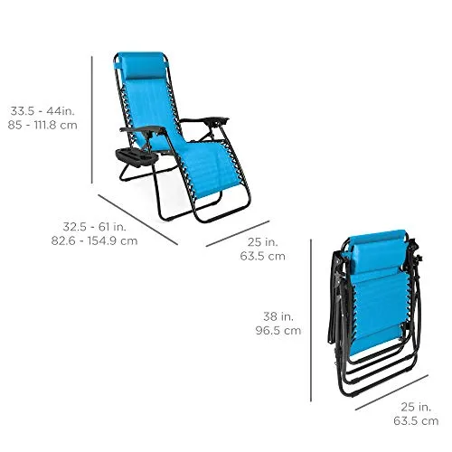 Best Choice Products Set of 2 Adjustable Steel Mesh Zero Gravity Lounge Chair Recliners w/Pillows and Cup Holder Trays, Light Blue