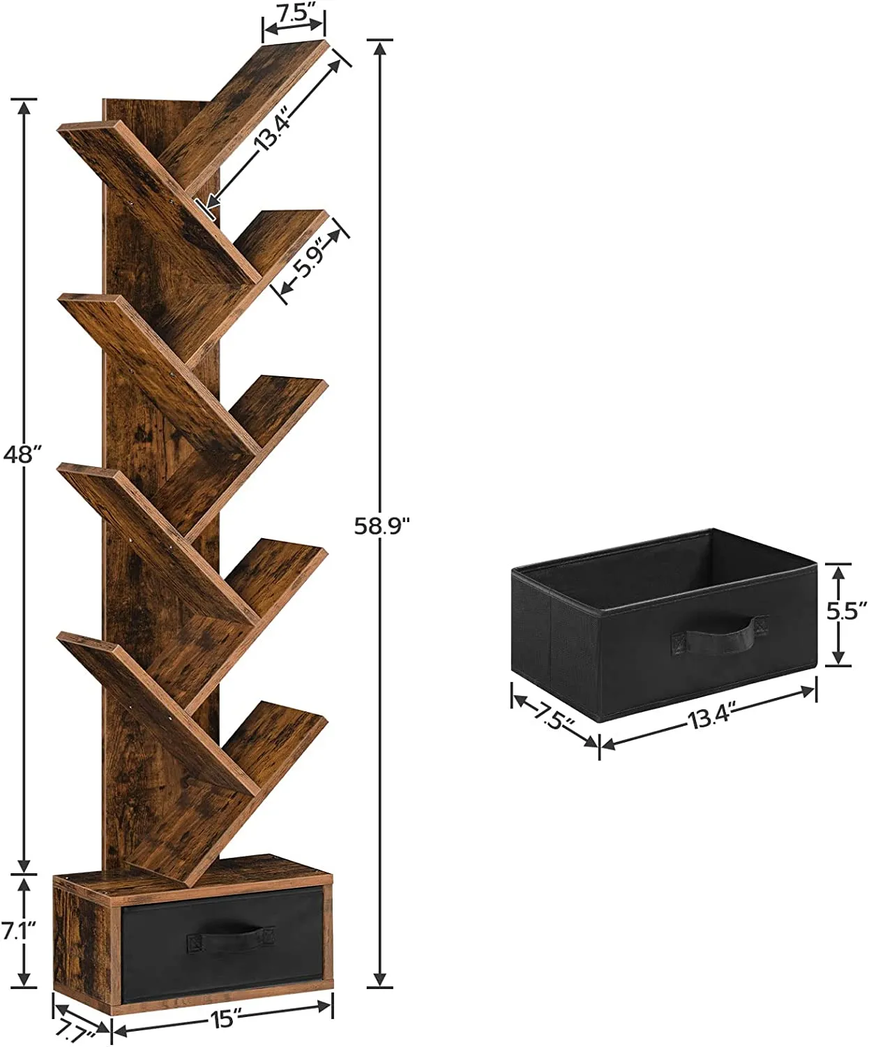 Bookshelf, 9-Tier Tree Bookcase, Wooden Free Standing Bookshelf