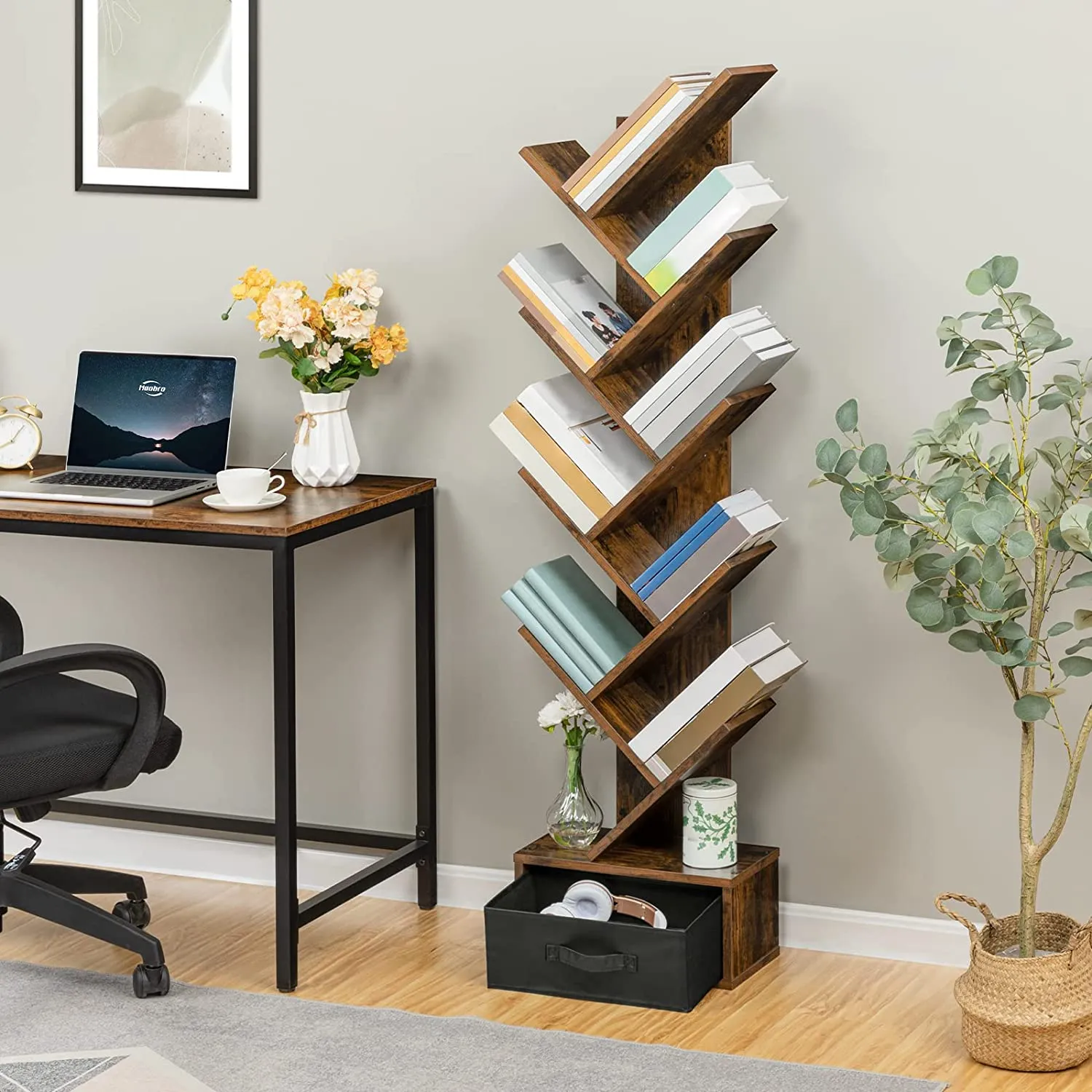 Bookshelf, 9-Tier Tree Bookcase, Wooden Free Standing Bookshelf