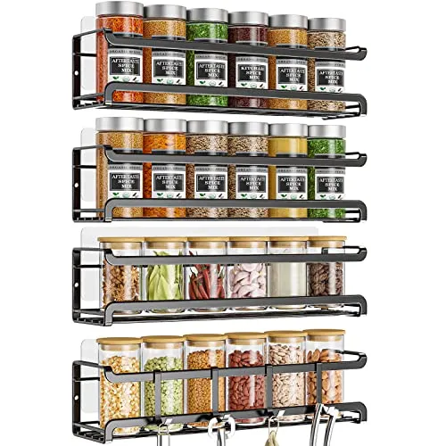 Bunoxea Spice Rack wall mounted 4 Pack, Space-Saving Spice Organizer for Spice Jars and Seasonings,Screw or Adhesive Hanging Spice Rack Organizer for Your Kitchen Cabinet,or Pantry Door