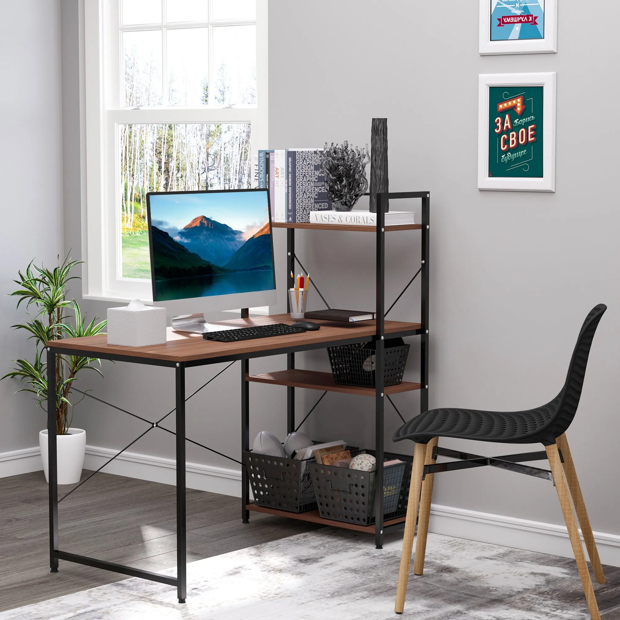 Computer Desk PC Table  Study Workstation Home Office with 4-tier Bookshelf Storage Metal Frame Wooden Top (Walnut & Black)