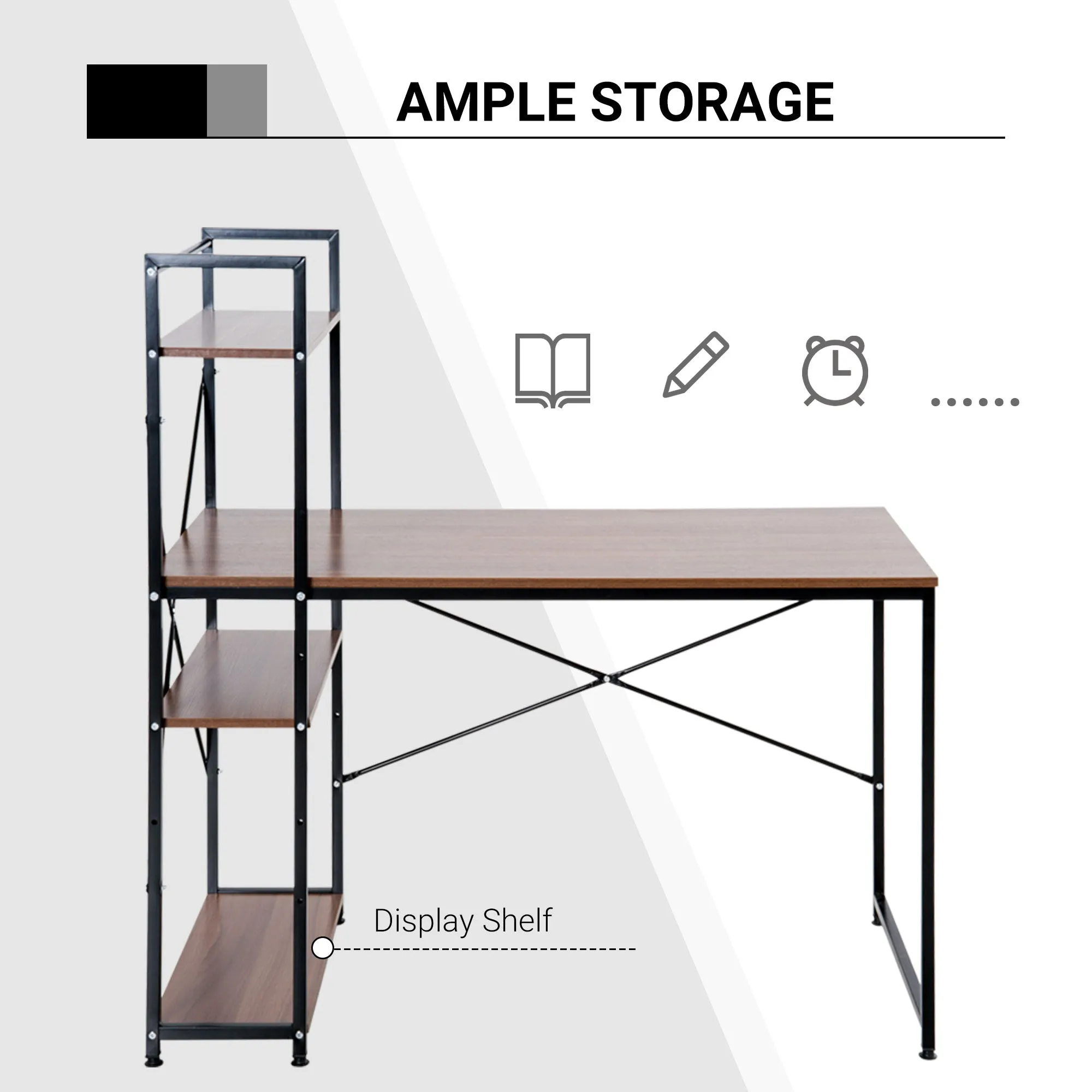 Computer Desk PC Table  Study Workstation Home Office with 4-tier Bookshelf Storage Metal Frame Wooden Top (Walnut & Black)