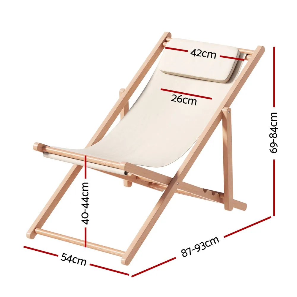 Damien Outdoor Chairs Sun Lounge Deck Beach Chair Folding Wooden Patio Furniture - Beige