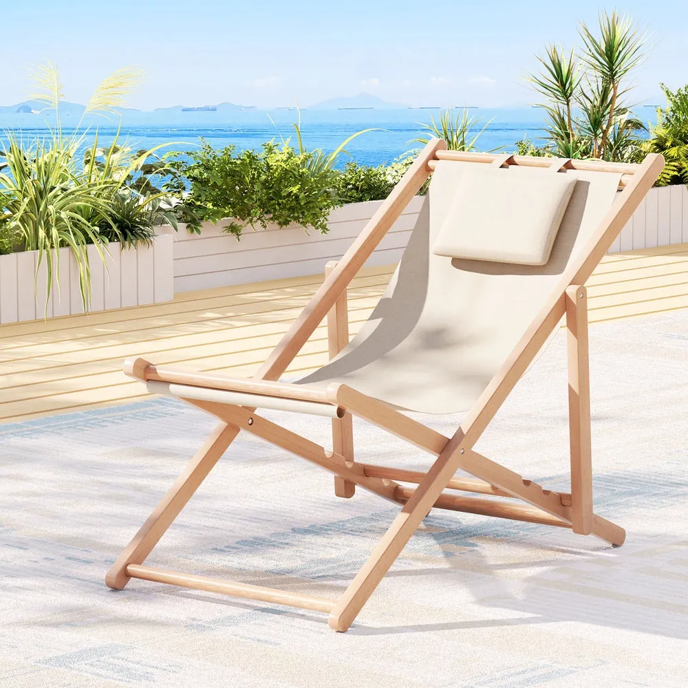 Damien Outdoor Chairs Sun Lounge Deck Beach Chair Folding Wooden Patio Furniture - Beige