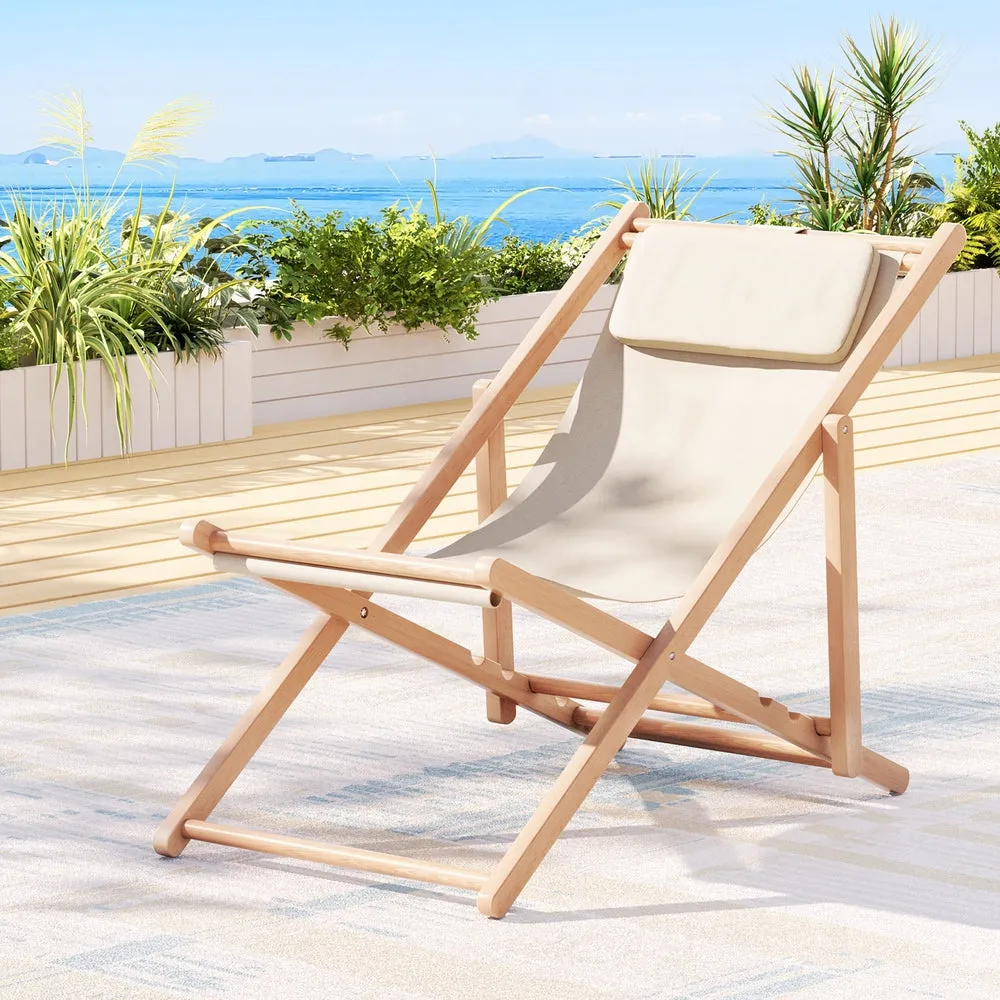 Damien Outdoor Chairs Sun Lounge Deck Beach Chair Folding Wooden Patio Furniture - Beige