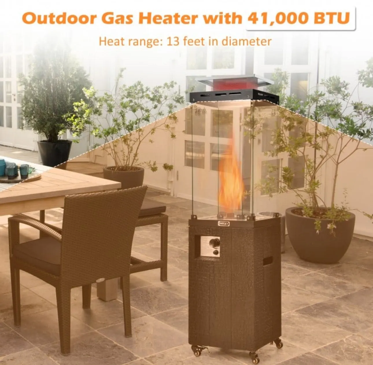 Elegant Heavy Duty Powerful 41,000 BTU Outdoor Propane Patio Heater With Metal Hood | Flameout Protection | Waterproof Cover