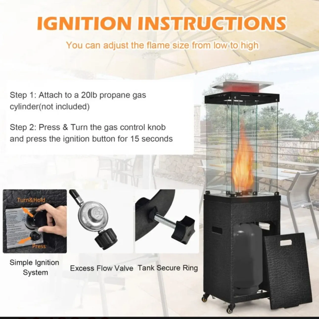 Elegant Heavy Duty Powerful 41,000 BTU Outdoor Propane Patio Heater With Metal Hood | Flameout Protection | Waterproof Cover