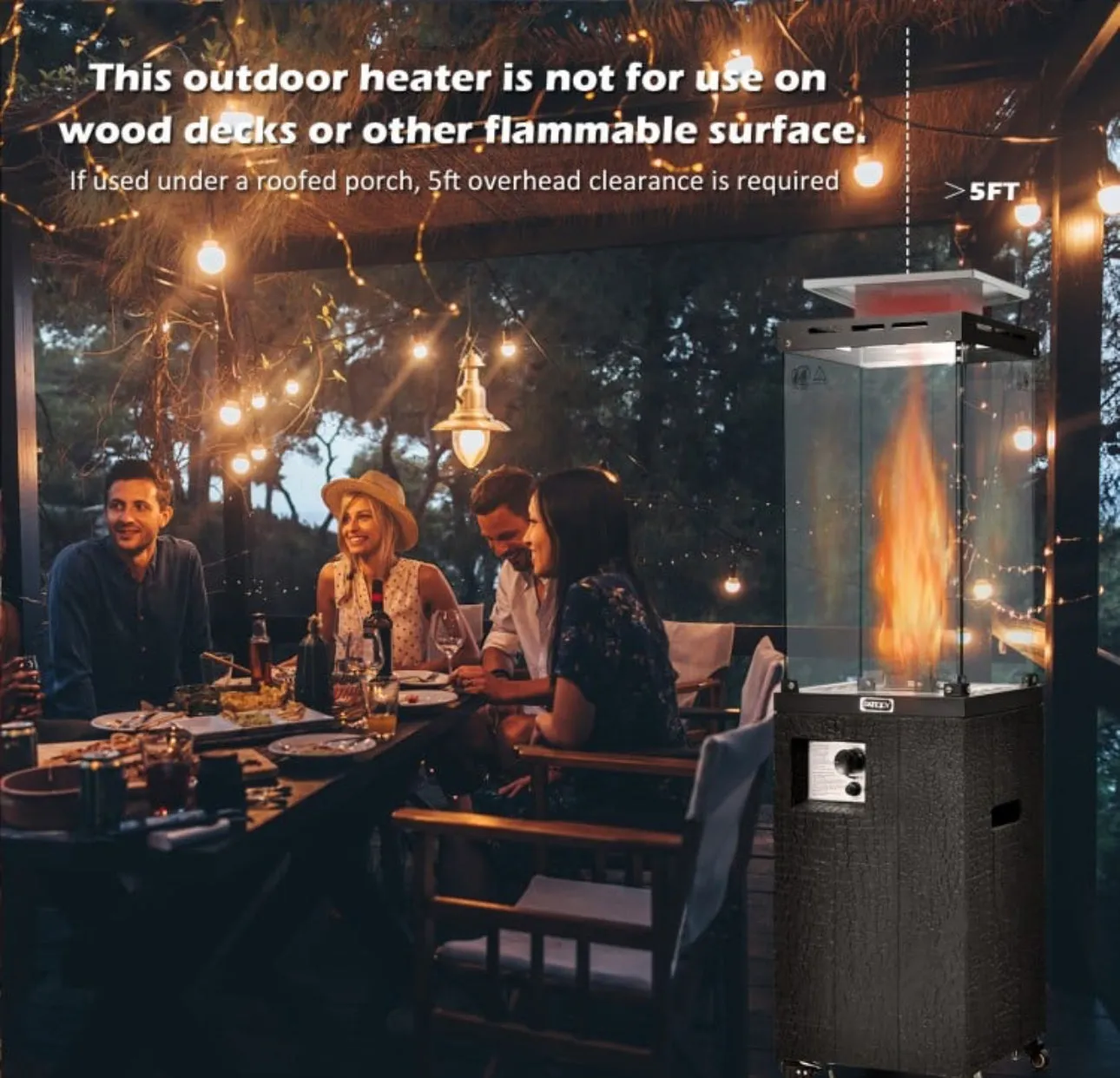 Elegant Heavy Duty Powerful 41,000 BTU Outdoor Propane Patio Heater With Metal Hood | Flameout Protection | Waterproof Cover