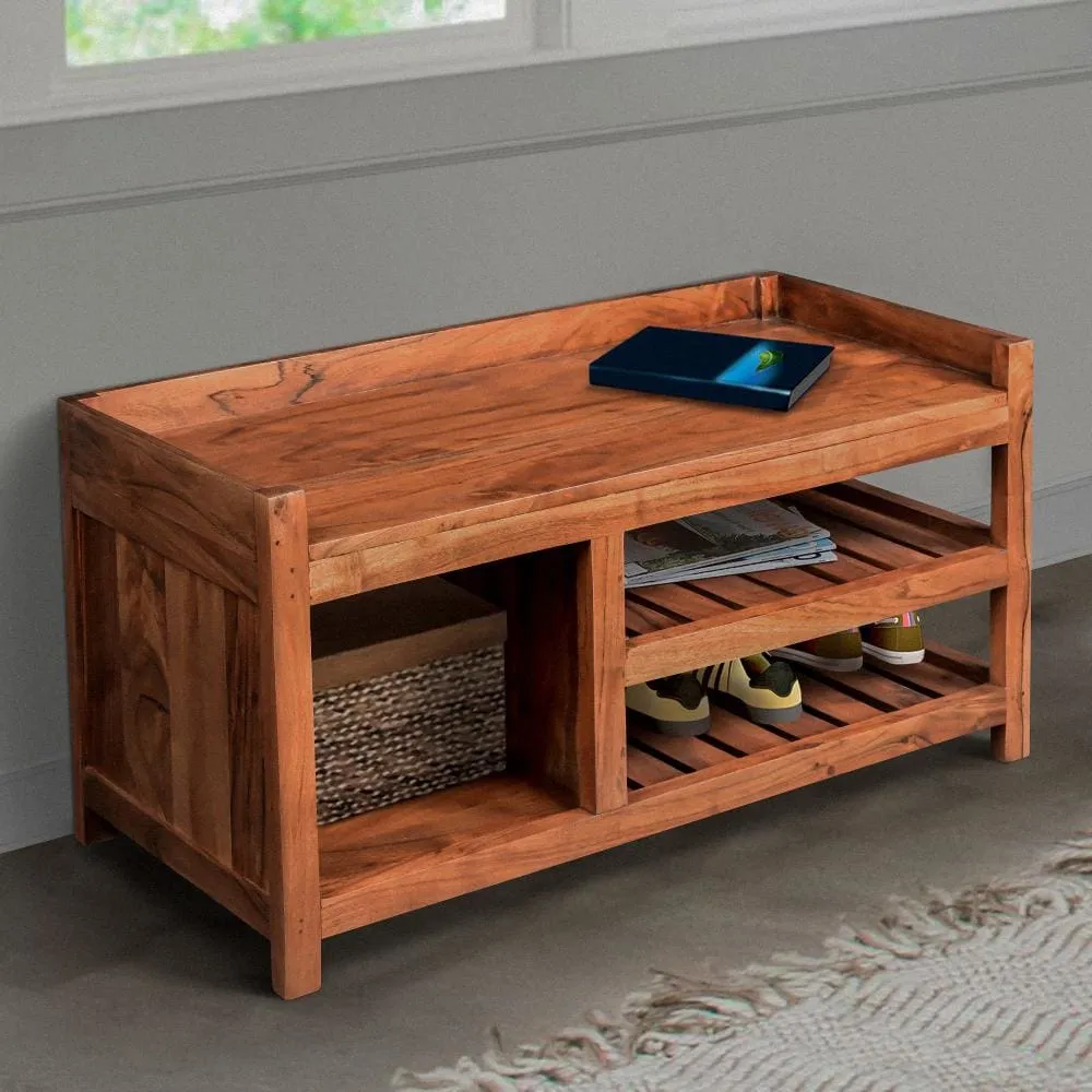 Entryway Bench with Wooden Seat and 2 Slatted Shelves, Brown By The Urban Port