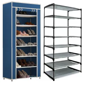 EXPOSURE 7 Layer Multipurpose Metal Pipes Non Woven Cover and Shelf with Single Connector Collapsible Shoe Rack (Blue)