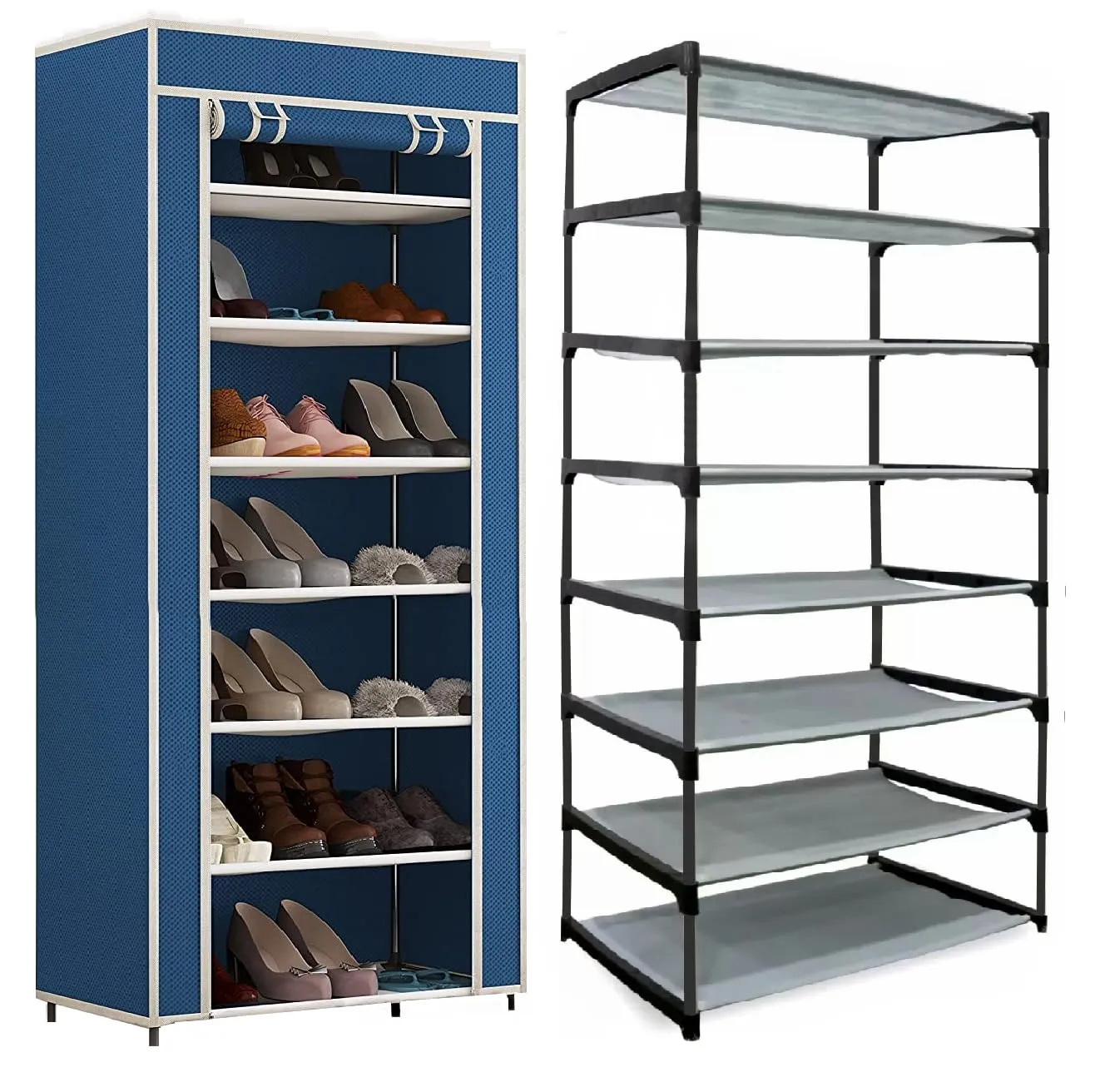 EXPOSURE 7 Layer Multipurpose Metal Pipes Non Woven Cover and Shelf with Single Connector Collapsible Shoe Rack (Blue)