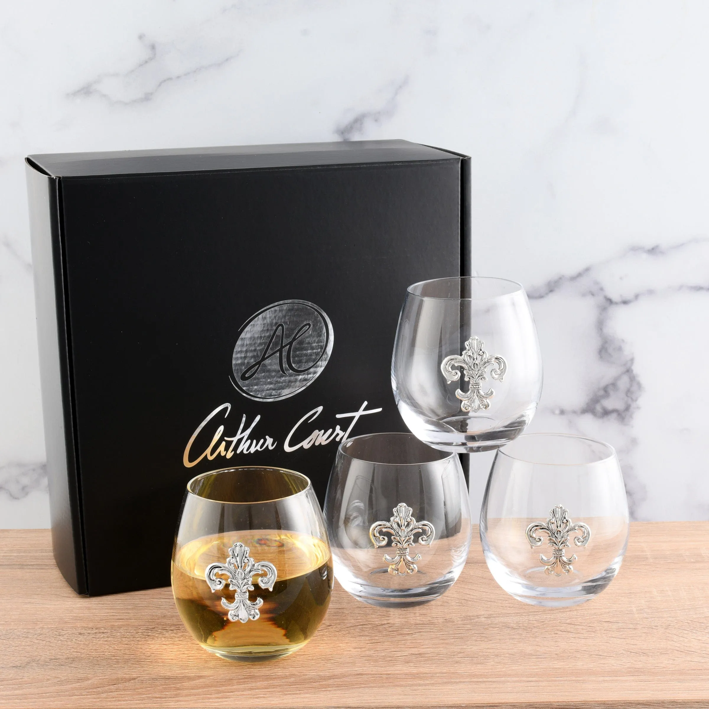 Fleur de Lis Stemless Wine Glasses - Set of 4