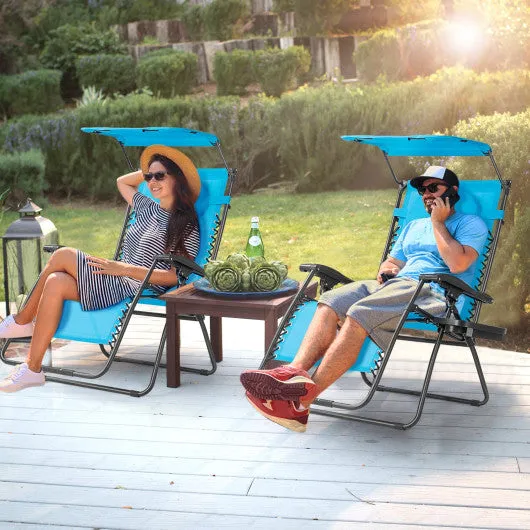 Folding Recliner Lounge Chair with Shade Canopy Cup Holder-Blue