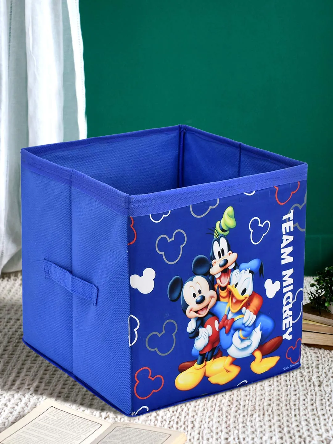 Fun Homes Disney Print Non Woven Fabric 2 Pieces Foldable Large Size Storage Cube Toy,Books,Shoes Storage Box with Handle (Black & Royal Blue)