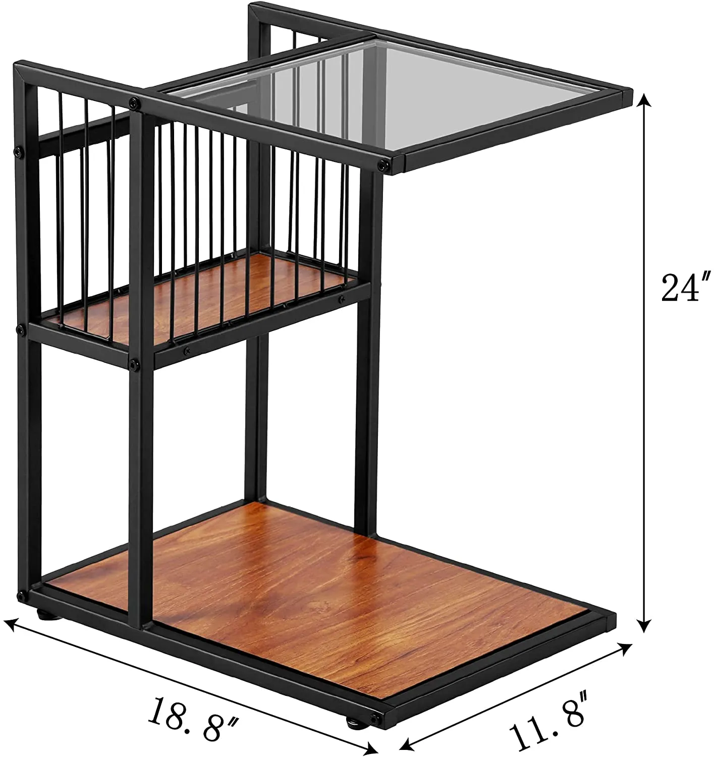 Glass Top C Shaped End/Couch/Side Table with Mesh Basket for Coffee Drink Snack Laptop, Metal Industrial Style