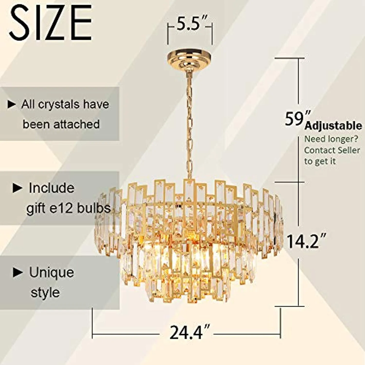 Gold Modern Crystal Chandelier - Light Fixture Lamp 24.5''