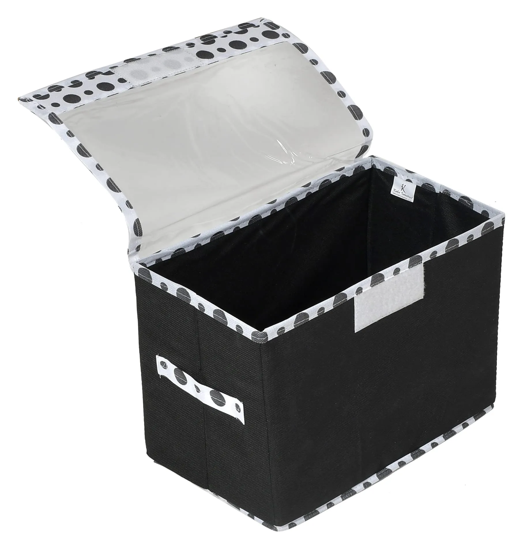 Kuber Industries Small Non-Woven Storage Box/Bin with Transparent Lid & Handle|Foldable & Dot Print|Small size 35 x 18 x 22 Cm (Black)-44KM0410